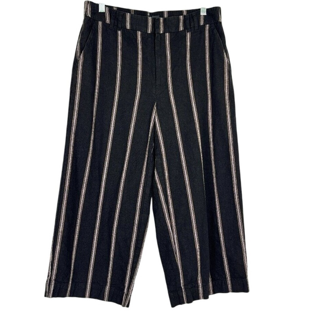 Reitmans‎ Cropped Pants Women's Size 12 Black Tan Striped Linen Blend Wide Leg